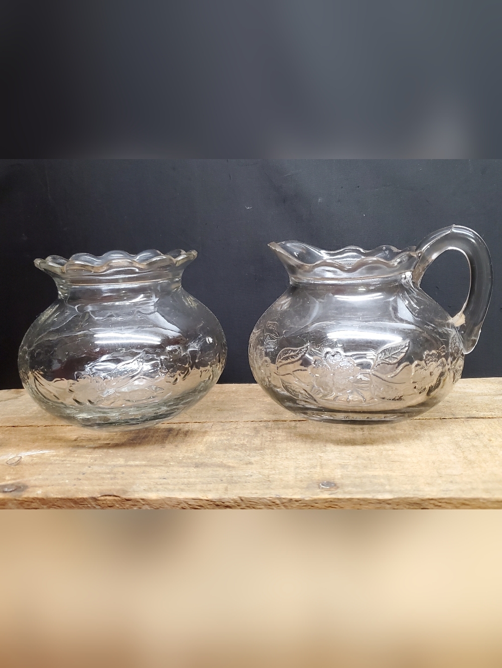 Jenkins Glass Antique Daisy Leaf Band Open Sugar and Creamer Clear Glass